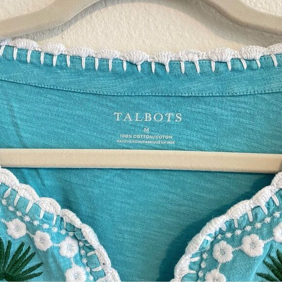 Talbots Embroidered Palm Frond Tee Aqua Blue Cotton Size Medium - Picture 6 of 9